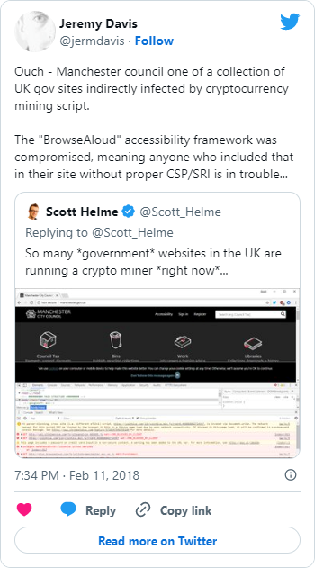 Ouch - Manchester council one of a collection of UK gov sites indirectly infected by cryptocurrency mining script. The 