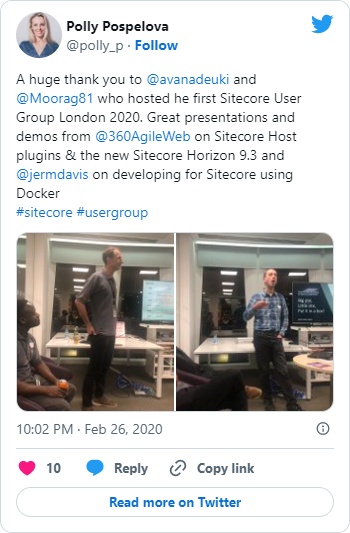 A huge thank you to &#64;avanadeuki and &#64;Moorag81 who hosted he first Sitecore User Group London 2020. Great presentations and demos from &#64;360AgileWeb on Sitecore Host plugins & the new Sitecore Horizon 9.3 and &#64;jermdavis on developing for Sitecore using Docker #sitecore #usergroup