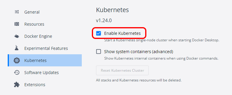 The Docker Desktop settings window, with Kubernetes enabled