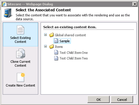 Select associated content dialog