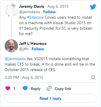 Tweet: Yes, VS2015 installs something that makes CES to break. A fix is done and will be in the October 2015 release of CES.