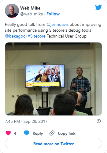 Really good talk from &#64;jermdavis about improving site performance using Sitecore’s debug tools &#64;bekagool #Sitecore Technical User Group