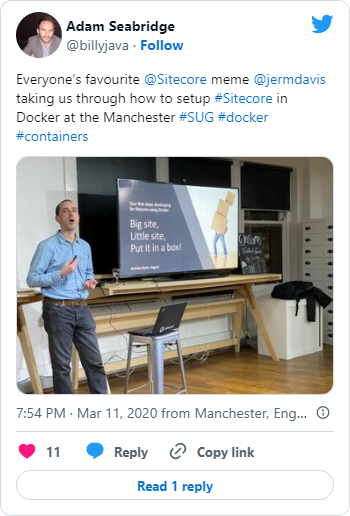 Everyone’s favourite &#64;Sitecore meme &#64;jermdavis taking us through how to setup #Sitecore in Docker at the Manchester #SUG #docker #containers