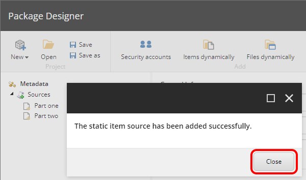 The close button on the add-new-source dialog for a Sitecore package