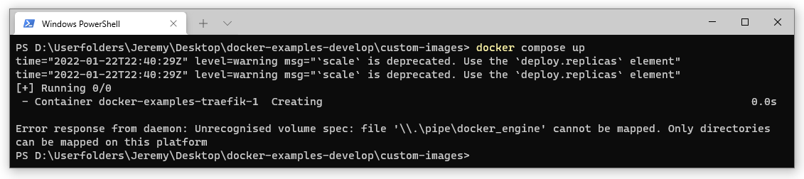 A console showing an error message caused by the incorrect docker-compose version