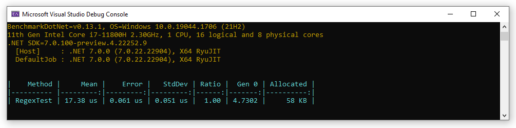 Stats for the memory and cpu performance of the regex parser