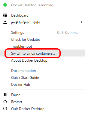 Docker Desktop Context Menu with Switch To Linux highlighted