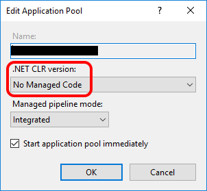 App pool config dialog in IIS, showing no managed code