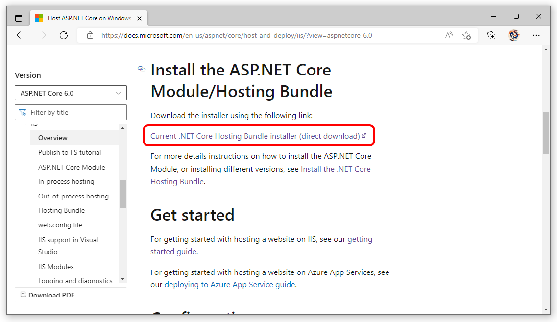 The download link for the .Net 6 version of the ASP.Net Core hosting bundle