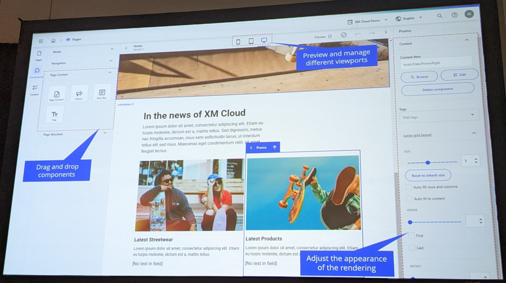 A conference slide showing the parts of the main XM Cloud editing UI in Pages