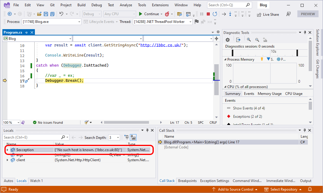 The VS debugger showing an automatic variable for a caught exception