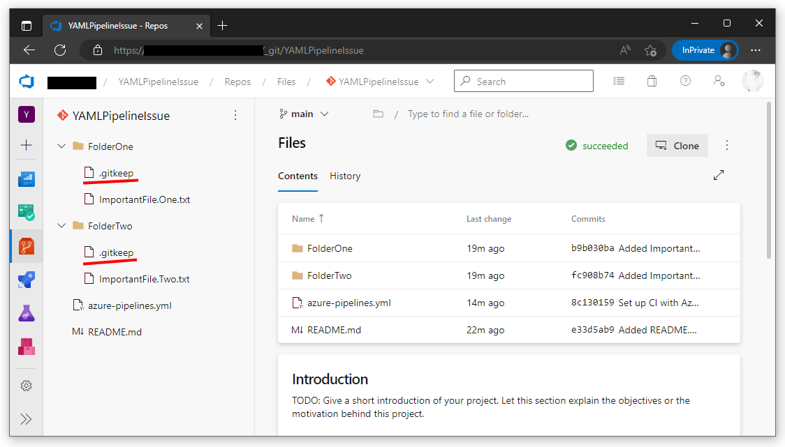 A screenshot of an Azure DevOps repo, showing folders with .gitkeep files