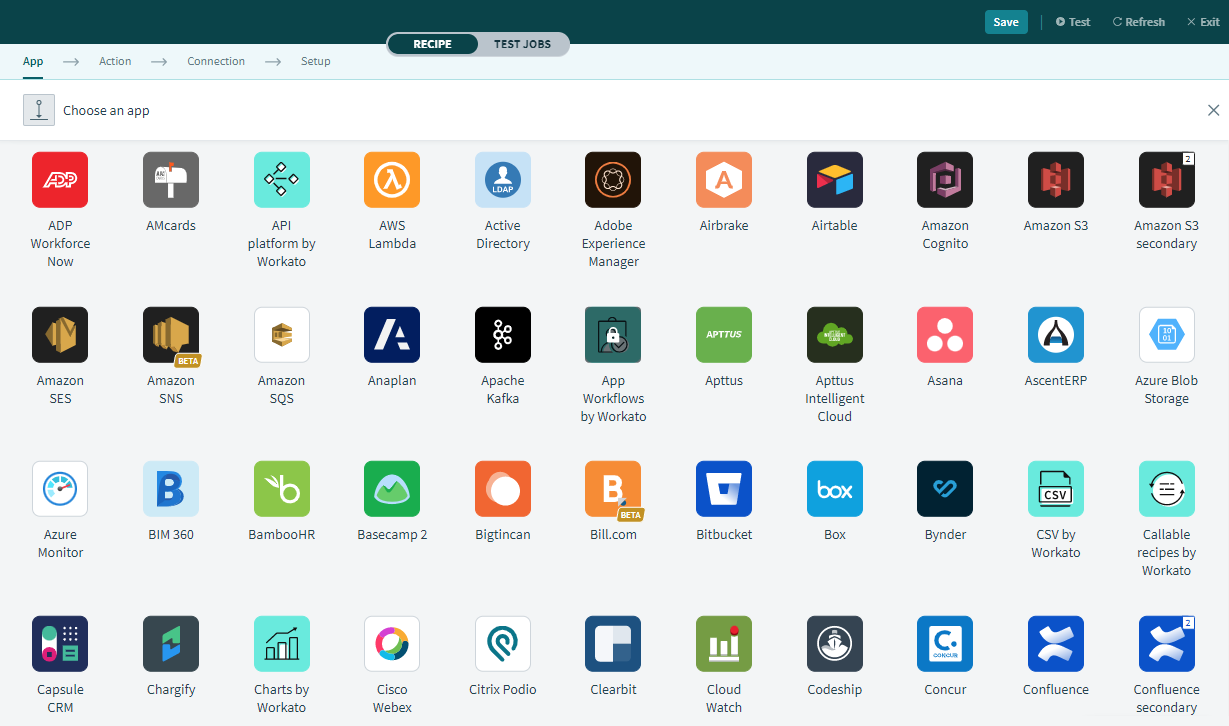 A part of the long list of Workato's current integrations. A large collection of icons representing many common software products.