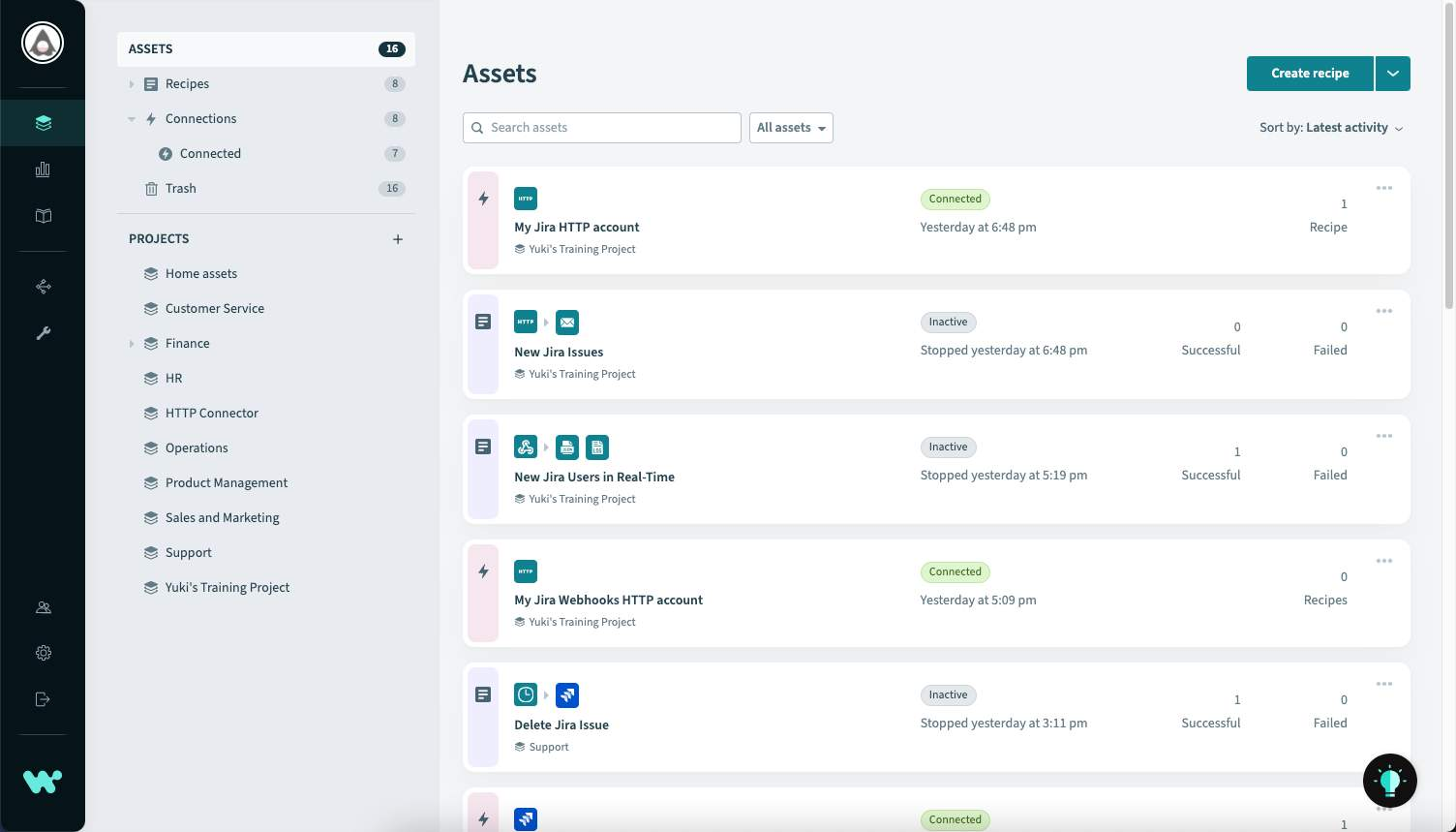 The Workato project UI, showing a series of projects and the detail of the assets for one