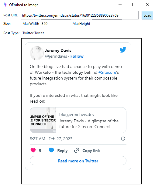 The WPF form for capturing a tweet as an image, showing a loaded tweet