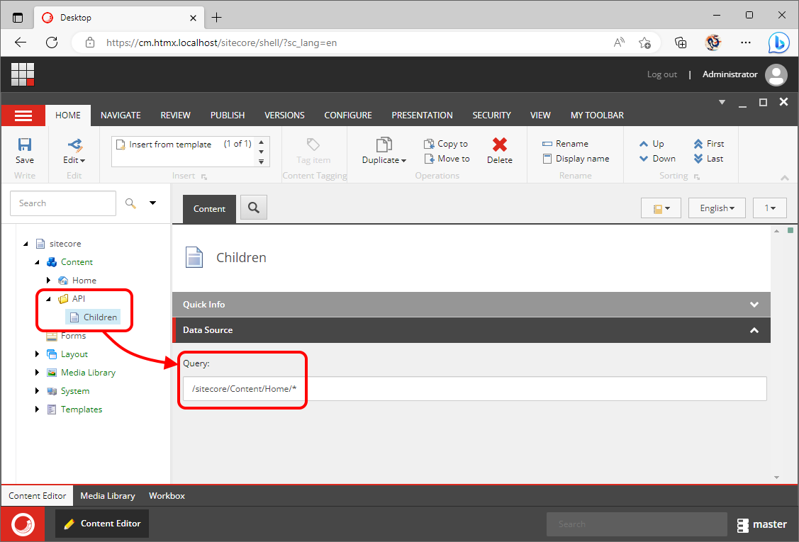 The Sitecore UI showing a page defining a data query