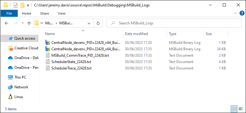 The contgents of the MSBuild Logs folder, showing the binary log files and some extra text data.