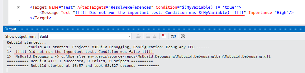 The fragment of MSBuild script above, alongside the output from running it - showing the debug message