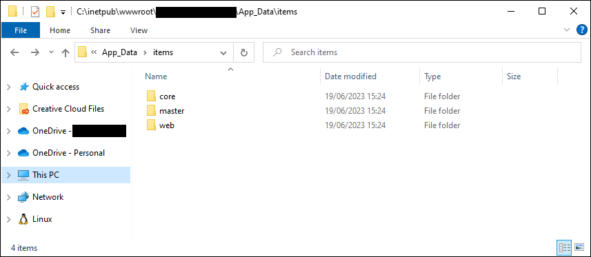 Windows Explorer showing the folders where Sitecore stores its IAR files, and the missing 'preview' folder