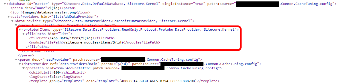 A screen grab of Sitecore XML config, showing the definition of a database, and its configured providers
