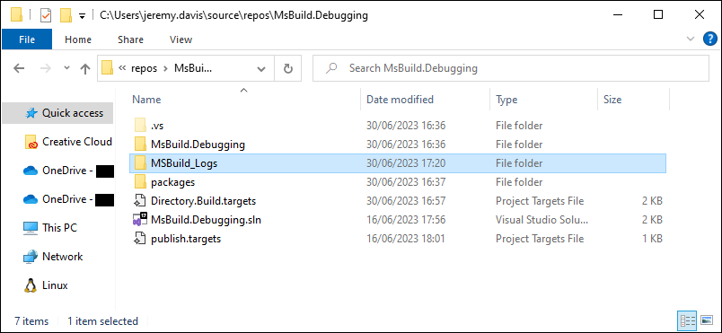 Windows Explorer, showing the log files folder added to your solution when MSBuild logs are captured.