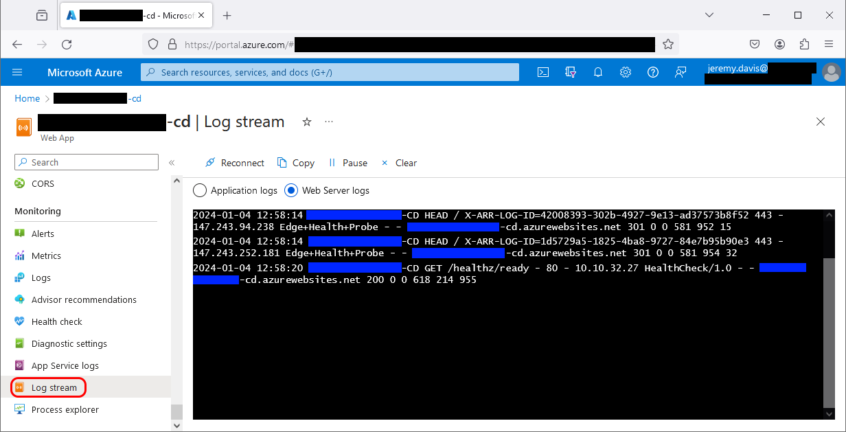 A screenshot showing the Log Stream UI in the Azure Portal for this App Service - a console window with log messages in the web portal view