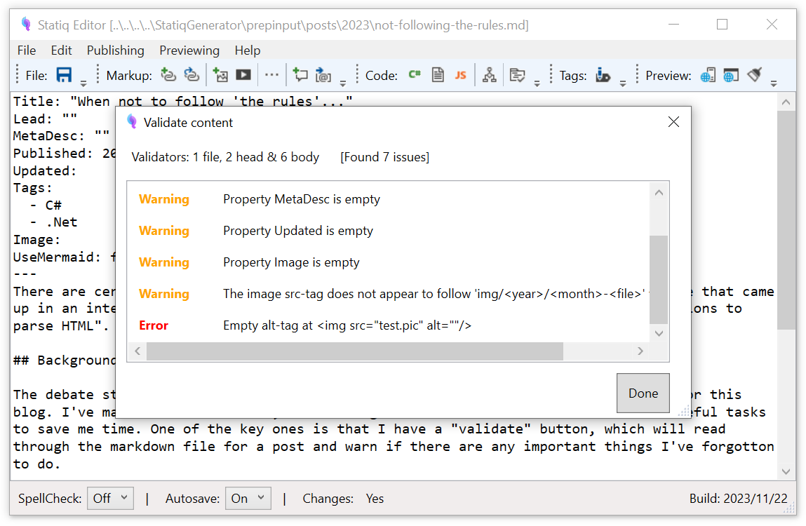 A screenshot of the blog editing tool, showing the validation window - with some warnings and an error showing