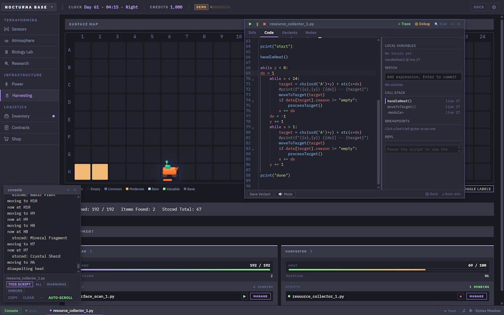 The UI for Code: Terraform, where you can see the status of your base and control it with python