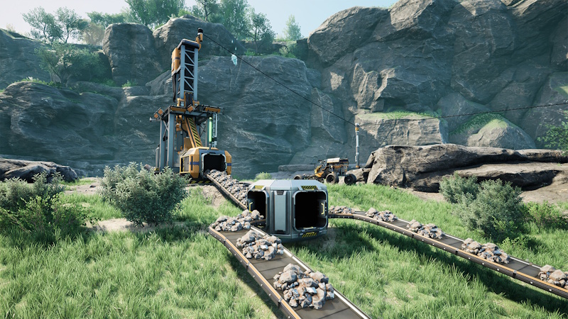 A miner and some belts in the world of Satisfactory
